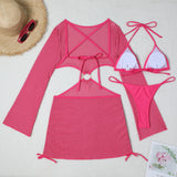 Mesh Sheer Long Sleeve Cover-Up Micro Bikini Female Swimsuit Women Swimwear Three-pieces Bikini Set Bathing Suit Swim Beach Wear