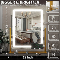 Vanity Mirror with Lights 22 Inch- LED Lighted Makeup Mirror, Large Makeup Mirror with Lights,Touch Screen with 3-Color Lighting,Led Mirror Makeup,Dimmable(Gold) Gold 19"x22"