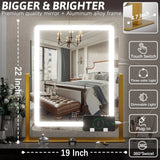 Vanity Mirror with Lights 22 Inch- LED Lighted Makeup Mirror, Large Makeup Mirror with Lights,Touch Screen with 3-Color Lighting,Led Mirror Makeup,Dimmable(Gold) Gold 19"x22"