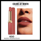 L'Oreal Paris Color Riche Colors of Worth Nude Audacious Lipstick: Volumizing Matte Finish with Hyaluronic Acid, Long-Lasting Nude Shade