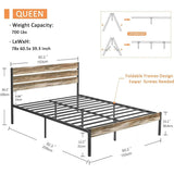 Queen Industrial Farmhouse Rustic Wood Metal Platform Bed Frame with Headboard