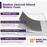 Queen size 12-inch Charcoal Infused Memory Foam Mattress with Removable Cover