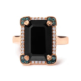 14K Rose Gold 15x10 MM Emerald-Cut Black Onyx and 1/5 Cttw Blue and White Diamond Halo Cocktail Ring (G-H Color, SI1-SI2 Clarity)- Size 7