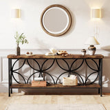 Modern 70-inch Long Narrow Console Sofa Table with Brown Wood Top and Shelf