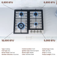 Rangaire 24" Gas Cooktop 4 Burners Stainless Steel RCG241S