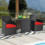 3-Piece Patio Furniture Outdoor Dining Set in Brown PE Rattan with Red Cushions