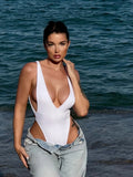 DEKA WomenSolid Deep V Neck One Piece Swimsuit Women Hollow Out White Swimwear Beach Bandage Bathing Suit Monokini