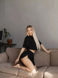 Summer 2 Pieces Pajama Sets for Women Sexy Sleepwear Black Crop Tops with Shorts Sets Underwear Loungewear Home Clothes
