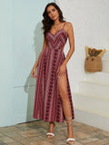 Deep V-Neck Backless Sling Dress with Thigh High Slit, Floral Print Beach Holiday Party Maxi Dress, Summer Women's Clothing