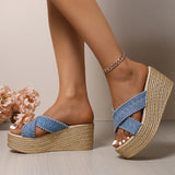 Woven Chunky Platform Sandals Women Fashion Cross Band High Heels Slippers Woman Plus Size Thick Sole Summer Sandles Mujer 42