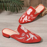NASBAVI Fashion 3d Embroidery Mules Women Fur Slippers Velvet Shoes Ladies Low Heel Flower Decoration Sandals Women's Flip Flops