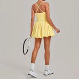 Fake Two Piece Tennis Dress Women Back Criss Cross Slim Bulit-in Shorts Golf Athletic Dresses Gym Pleated Fluffy Yoga Mini Dress