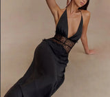 Summer Backless Sexy Long Dresses Women's Gown Patchwork Lace Halter V Neck Sleeveless High Waist Elegant Vestidos Para Mujer