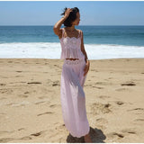 Women Pant Set Sheer Layers Spaghetti Strap Backless Lace Top Straps Solid Loose Straight Elastic Hem Fashion Beach Chic Suits