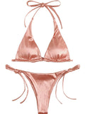 Sexy Satin Halter Brazilian Padded Bikini Female Swimsuit Women Swimwear Two-Pieces Bikini Set Bather Bathing Suit Swim V4966S