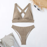 Wrinkled Crinkled Cross Back Bikini Women Swimwear Female Swimsuit Two-pieces Bikini Set High Cut Bathing Suit Swim Beach Wear
