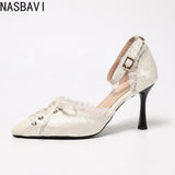 Spring Women's Sandals Pointed Toe Thin Heels 8cm Ankle Buckle Strap French Lace Up Ladies Pumps Dress Shoes Sandals New 2026