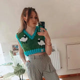 Foridol Sheep Knitted Sweater Vest Vintage Animal Sleeveless Blue Cropped Sweater Vest Waistcost 2025 Autumn Winter Tops