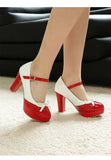Plus Size Crossed Thin Ribbon Bow Shallow High-Heeled Shoes Patent Leather Splicing White PU Sweet Lolita Style Pumps