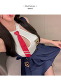 Sexy Student Skirt Sets Hanging Neck Tie JK Campus Short Backless Deep V Suspenders Sleeveless Skirt Sets For Women Elegant EMYH