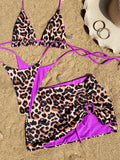 2026 Summer Leopard Print 3 Pieces Suit Swimwear Reversible Sexy Halter Lace-up Bikini Set Drawstring Skirt Cover Up Beachwear