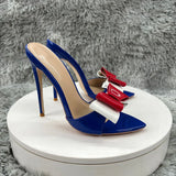 blue patent leather Pointy Toe  Sandals With  Bow Women Summer Casual Thin High Heel Shoes Female Outfit Evening Cross Strap Mul