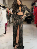 Summer Maxi Dress Women Sexy Sheer Lace Hollow Out Long Sleeve Floral Split Slim Bodycon Solid Casual Beach Party Club Vestidos