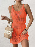 S - XL V Neck Hollow Out Crochet Knitted Tunic Beach Cover Up Cover-ups Beach Dress Mini Beach Wear Beachwear Female Women V7048