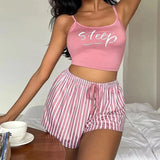 Women Y2K Shorts Set Pajamas Set Crop Cami Top Striped Shorts Lounge Summer 2Pcs Outfit Sets Girls Sleepwear Pajamas Set