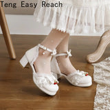 Women's White Pink Bowknot Single Sandals Ruffles High Heels Girls Student Mary Janes Lolita Party Dress Shoes Size 32-48 French