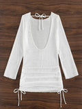 S - XL Long Sleeve Backless Crochet Knitted Tunic Beach Cover Up Women Cover-ups Beach Dress Beach Wear Female Beachwear