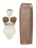 Vintage Brown Patachwork One Piece Swimsuit 2026 Women Sexy Hollow Out Backless Mesh Skirt Swimwear Set Summer Bathing Suits