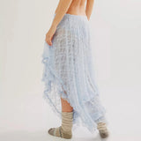 Women's Solid Color Midi Skirts Lace Elastic High Waist Skirts Spring Summer Sweet Irregular Hem Casual Skirts