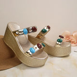 Fashion Gems Chunky Wedges Sandals Women Summer Plus Size 43 Platform Slippers Woman 2026 Gold Super High Heeled Sandalias Mujer