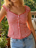 Women Summer Tops and Blouse Short Sleeve Square Neck Button Down Shirts Y2K Retro Casual Daily Streetwear