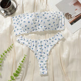 Sexy strapless floral print set seaside vacation style bra set no steel ring party underwear whtie Lingerie MR3496