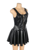 Black PU Leather Wide Strap Mini Dress for Women Heart Zipper Sexy Night Out Clubwear Plus Size Faux Leather Bodycon Babydoll