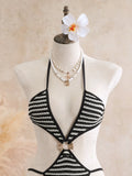 Sexy Black Stripe Knitted One Piece Swimwear Skirts Sets 2026 Women Metal Circle Hollow Out Backless Bathing Suit Thong Swimsuit