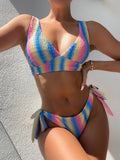 2026 New Sexy Bikini Women Rainbow Stripe Pleated Swimwear Swimsuit Knotted Bikinis Set Bathing Suit Beach Bikini Female Push Up