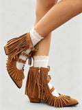 Women's Vintage Fringe Summer Ankle Boots Bohemian Buckle Straps Pointed Toe Ethnic Tassel Hollow Out Western Cowgirls Shoes