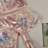 Toucheart 4-Piece Set Sexy Lingerie Set Embroidery Patchwork Mesh See-Through Exotic Underwear Women Garter Belt Underwear Suit