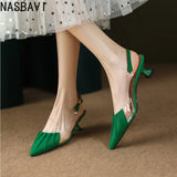 Elegant Green Thin Heel Pointed Toe Slippers for Women Summer Fashionable Low Heel Rubber French Sandals New 2026 Top quality