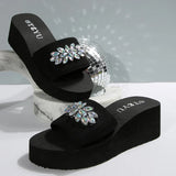 Rhinestone Decor Platform Slippers Women Summer Elastic Band Wedge Heels Sandals Woman Non Slip Lightweight Outdoor Slides 36-42