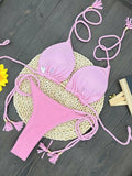 Sexy solid color special fabric swimsuit women's split bikini set woven rope hanging neck beach swimwear