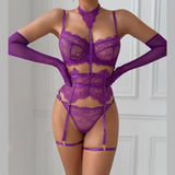 Toucheart Sexy Lingerie Suit for Women Lace Patchwork Halter Bra Set Solid Color Sexy Mesh See-through Garters Underwear Set New