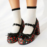 Big Size 43 High Quality Women's y2k Block High Heels Sweet Strawberry Print Mary Jane Pumps Black Pink Platform Lolita Shoes