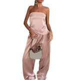 Women 2 Piece Pant Outfits Bandage Backless Bandeau Tops and Elastic Wide Leg Pants Set Streetwear Aesthetic Summer Clothes