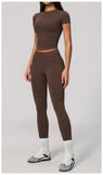 2PCS Women's Tracksuit Seamless Yoga Set Short Sleeve O Neck Workout T Shirts Fitness Suit Tight Hip Lifting Leggings Gym Sets