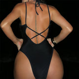 Sexy Sparkling Sequins V Neck Backless Women Swimwear One Piece Swimsuit Female Monokini High Cut Bather Bathing Suit Swim V6425