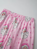 Women Satin Christmas Pajamas Sets Long Sleeve Santa Claus Print Tops with Elastic Waist Pants Two Pieces Sleepwear